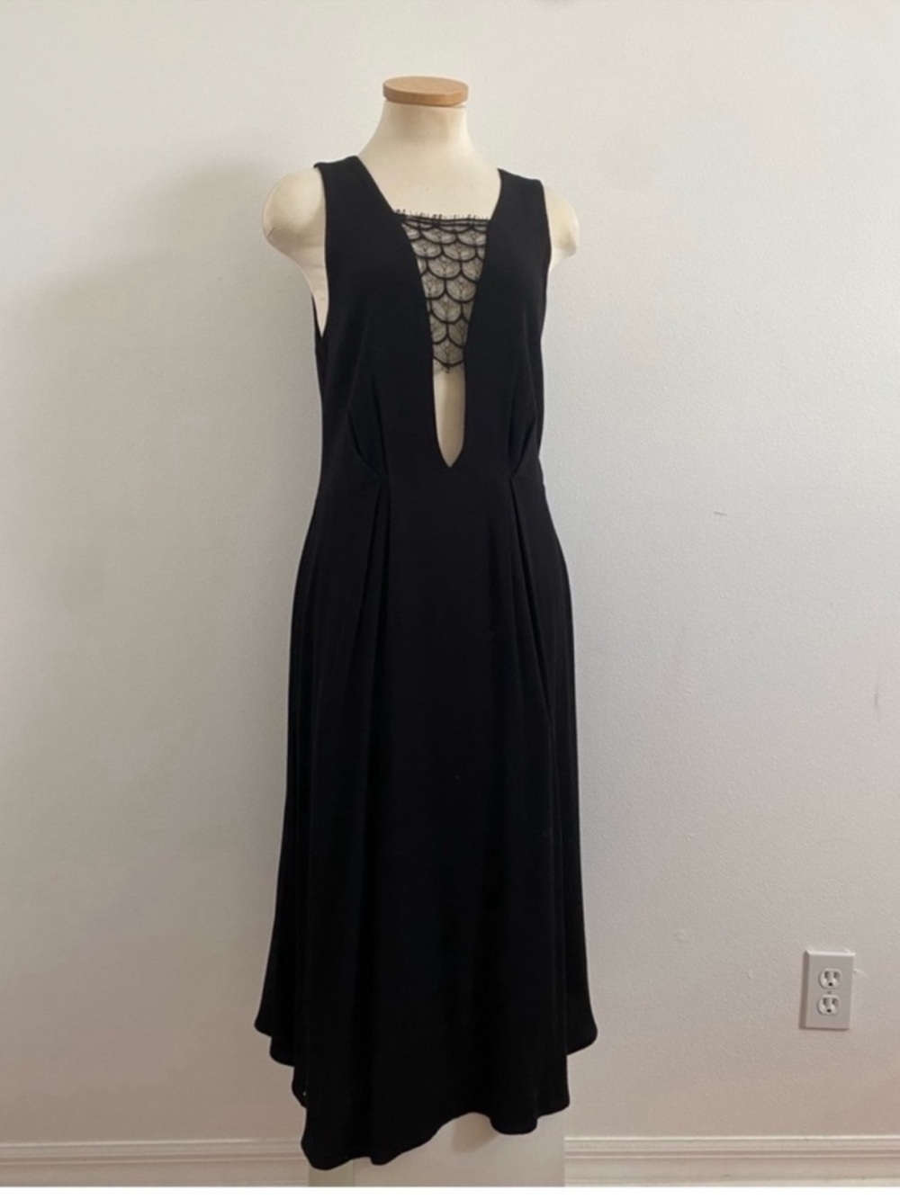 Sandro Black Maxi Dress with Lace Plunge Panel Detail